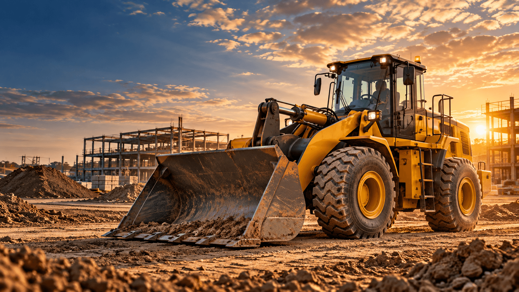 Yellow wheel loader on a construction site at sunset